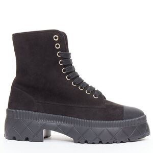 CHANEL 2023 black quilted suede silver CC cap toe platform combat boots EU37.5
